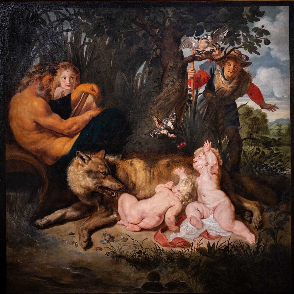 Two naked infants sprawl in the grass beside a she-wolf that stands over them; a woodpecker perches on a branch above, and a reclining river-god and a shepherd watch from the left.